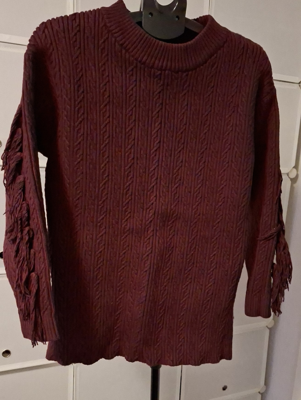 RACHEL Rachel Roy Burgundy Cable-Knit Fringe Sleeve Sweater